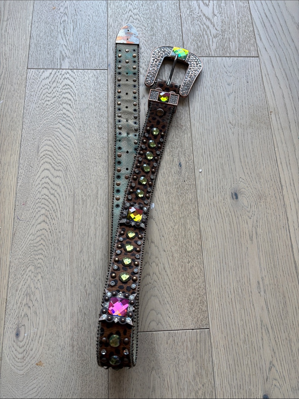 Embellished Brown Leather Women's Belt with Pink & Green Stones Size S